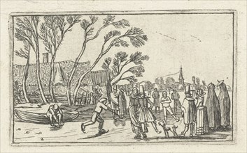 Skaters on the ice at a farm, Esaias van de Velde, print maker: Anonymous, Johannes Pietersz.