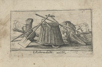 Title print with tools for working the land, Esaias van de Velde, Anonymous, Johannes Pietersz.
