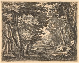 Landscape with three men in a clearing in the forest, Adriaen Frans Boudewyns, Martinus van den