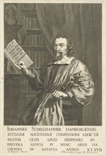 Portrait of Pastor Johannes Schellhammer, sitting at a desk, print maker: Hendrik Bary (mentioned