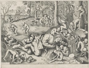 Peddler robbed by monkeys, Pieter van der Heyden, Hieronymus Cock, 1562