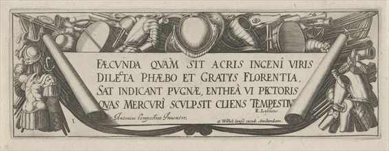 Wrapping surrounded by militaria, print maker: Simon Frisius, Antonio Tempesta, R. Lubbaeus, 1608 -