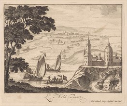 Landscape with river and castle on hill, Pieter Schenk (I), unknown, 1670 - 1711