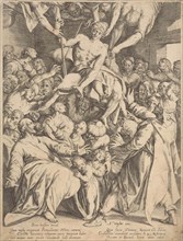 Cripple lowered through the roof to Christ, print maker: Willem Isaacsz. van Swanenburg, Broer