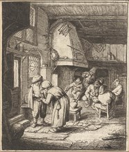 Man pays his expenses to woman in an inn, Adriaen van Ostade, 1648 - 1653