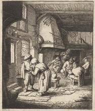 Man pays his expenses to woman in an inn, Adriaen van Ostade, 1648-1653