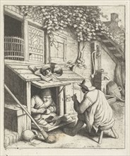 Shoemaker in store for his house and a customer, Adriaen van Ostade, 1671
