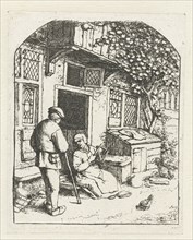 Spinster sitting on the doorstep of a house talking to man, print maker: Adriaen van Ostade,