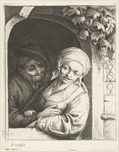 Farmer and his wife as love couple in a doorway, Adriaen van Ostade, 1650-1654