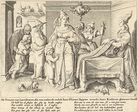 A woman from Lacedemon shows her children to a carpet weaver Zacharias Dolendo, Jacob de Gheyn II,