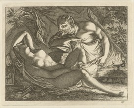 Sleeping Nymph watched by a satyr, Arnold Houbraken, Anonymous, 1700 - 1750