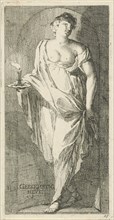 A female figure as the personification of obsequiousness in a niche, with her right hand in a