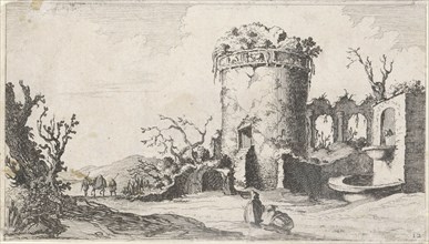 Fountain at ruin with a round tower, Gillis van Scheyndel (I), 1605 - 1653