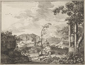 River landscape with hills and a town, Anonymous, 1701
