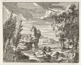 A river landscape with travelers, Anonymous, 1701