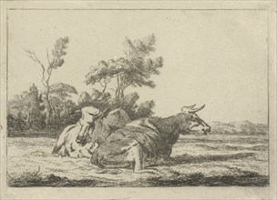 Two white cows lying in front of a group of trees, Jacobus Cornelis Gaal, Pieter Gaal, 1859