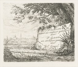 Landscape with the prospect of a village, under a tree a stone with the title, print maker: Jacobus
