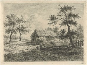 Landscape with two figures on road, print maker: Gerrit Jan MichaÃ«lis, 1785 - 1857