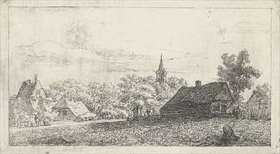 Village scene with church tower between trees, print maker: Johannes Franciscus Christ, c. 1810 - c