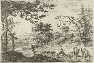 Landscape with Shepherd and two cows near a pond, possibly Anthony Oberman, 1796-1845