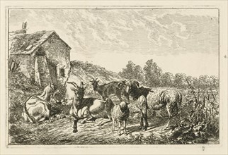 Four goats and sheep at home, Johannes Mock, 1810-1884