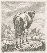 A horse is seen obliquely from behind, In the background a grazing horse, print maker: Johannes