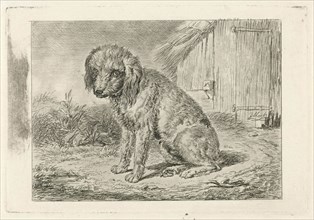 Sitting dog in a barn, Johannes Mock, 1810 - 1884