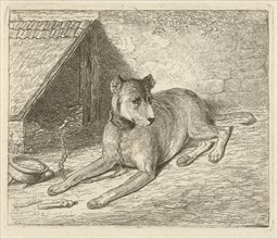 Dog on a chain in a doghouse, For him a bone, Bottom left numbered 2, print maker: Johannes Mock
