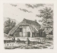 Three women doing laundry in the water for a farm in Beek, The Netherlands, print maker: Christiaan