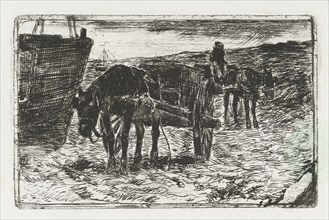 trucks on the beach, print maker: Anton Mauve, 1848 - 1888
