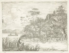 Landscape with farm water and two fishermen, Albertus Brondgeest, 1796 - 1849
