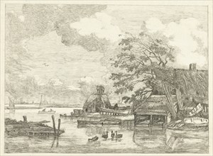 View of the Spaarne with shipyard and wash house in Haarlem, The Netherlands, Albertus Brondgeest,