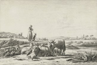 Landscape with shepherd dog with sheep herd, Simon van den Berg, 1822 - 1899