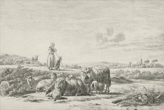 Landscape with shepherd dog with sheep herd, Simon van den Berg, 1822 - 1899, print maker: Simon