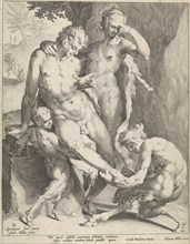 A Oreade, with spectacles on nose, removing a thorn from the foot of a satyr, the satyr is