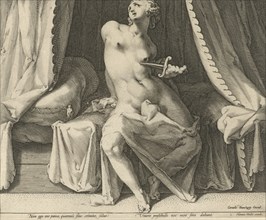 Death of Lucretia, print maker: Jan Harmensz. Muller, Cornelis Danckerts I, 1590 - 1594 and/or 1630