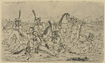 One of his horse fallen General is helped by his men, in the background is a battle going on, print