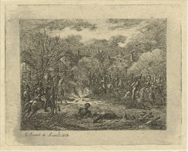 Cavalrymen around an explosion in a village, Gerardus Emaus de Micault, 1854