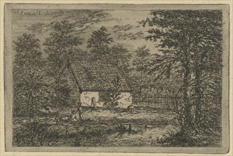 Couple with dog in barn, Gerardus Emaus de Micault, 1854