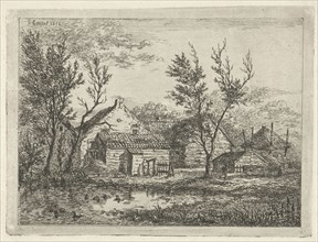 On a farm with several buildings and a haystack, a person walks near a tree, a pond with ducks,