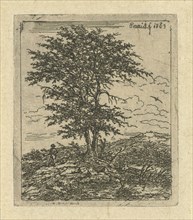 Landscape with oak and hunter, Gerardus Emaus de Micault, 1863