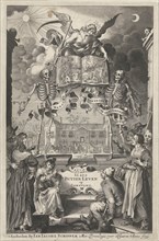 City People and peasants watching two skeletons and angel with book open by presentation of final