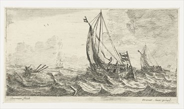 Two ferries and a rowing boat on a rough sea, print maker: Anonymous, Dating 1650 - 1738