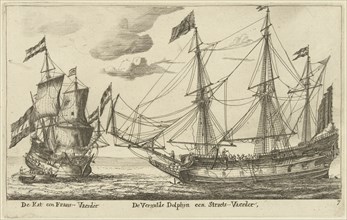 The ships Vergulde Dolfijn and De Kat, print maker: Anonymous, 1652 - 1714