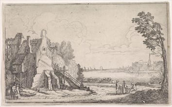 Figures on a path along a dilapidated house on a river, in the background a church, print out a
