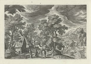 Landscape with the Good Samaritan and the injured passenger at an inn, Julius Goltzius, Hans Bol, J