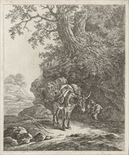 beast of burden on country road with it exonerating man, Hendrik Godart de Marée, 1752 - 1783