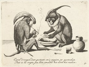 Two monkeys smoking a pipe, Quirin Boel, David Teniers II, print maker: Anonymous, 1635 - 1724