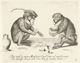 Two monkeys cards, Quirin Boel, David Teniers (II), Anonymous, 1635 - 1724