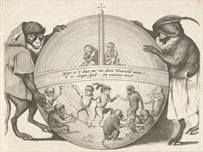 Title print of a series of six prints in which various human activities are represented by monkeys,